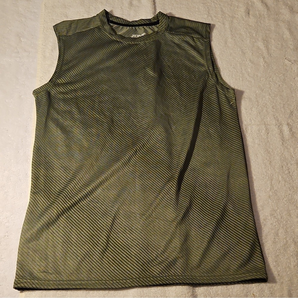 Zone Pro Men's Green Black Striped Sleeveless Tank Crew Neck‎ 100% Polyester M